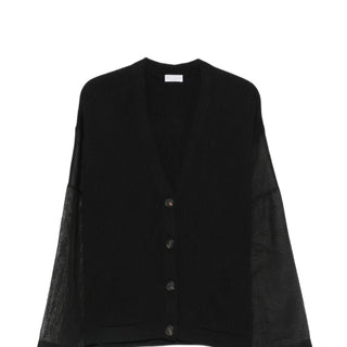 White ribbed knit cardigan with organza sleeves
