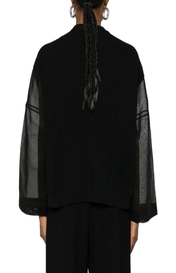 Load image into Gallery viewer, White ribbed knit cardigan with organza sleeves