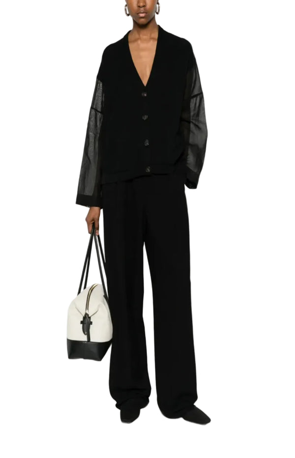 Load image into Gallery viewer, White ribbed knit cardigan with organza sleeves