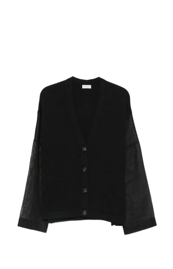 Load image into Gallery viewer, White ribbed knit cardigan with organza sleeves