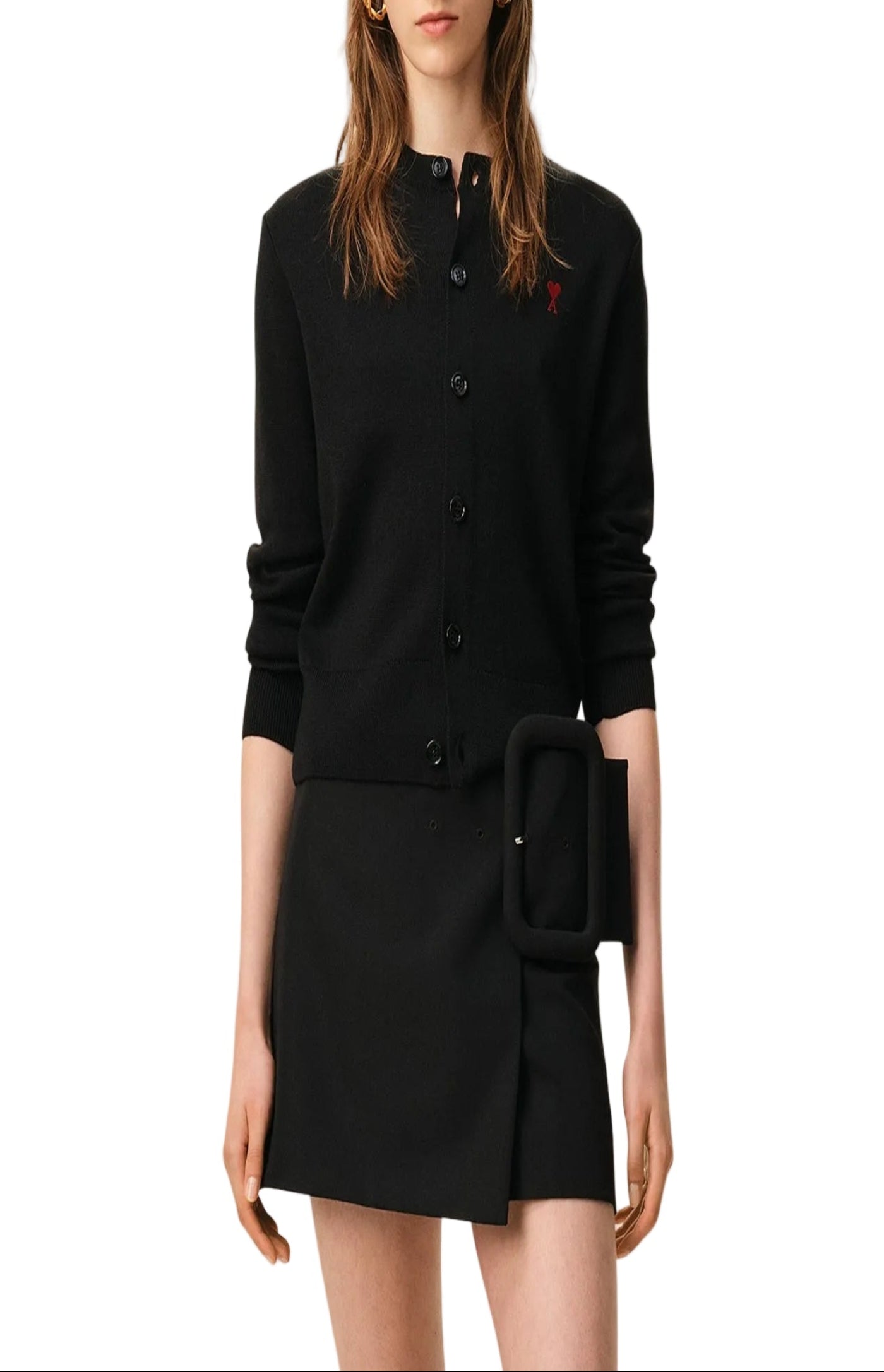 Cargar imagen en el visor de la galería, Black wool crewneck cardigan with contrasted Ami De Coeur