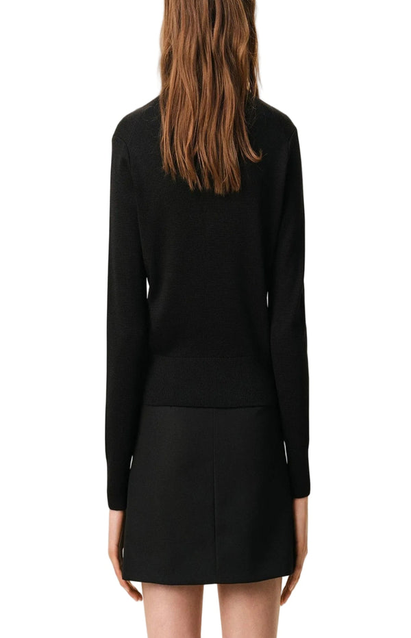 Load image into Gallery viewer, Black wool crewneck cardigan with contrasted Ami De Coeur