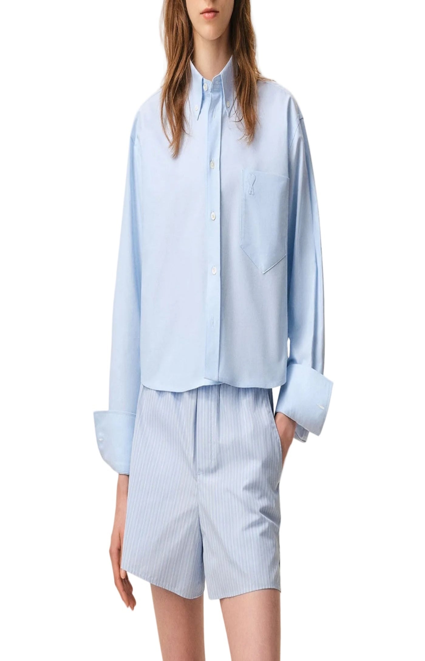 Cargar imagen en el visor de la galería, Blue Cotton Cropped Embossed Ami De Coeur Shirt