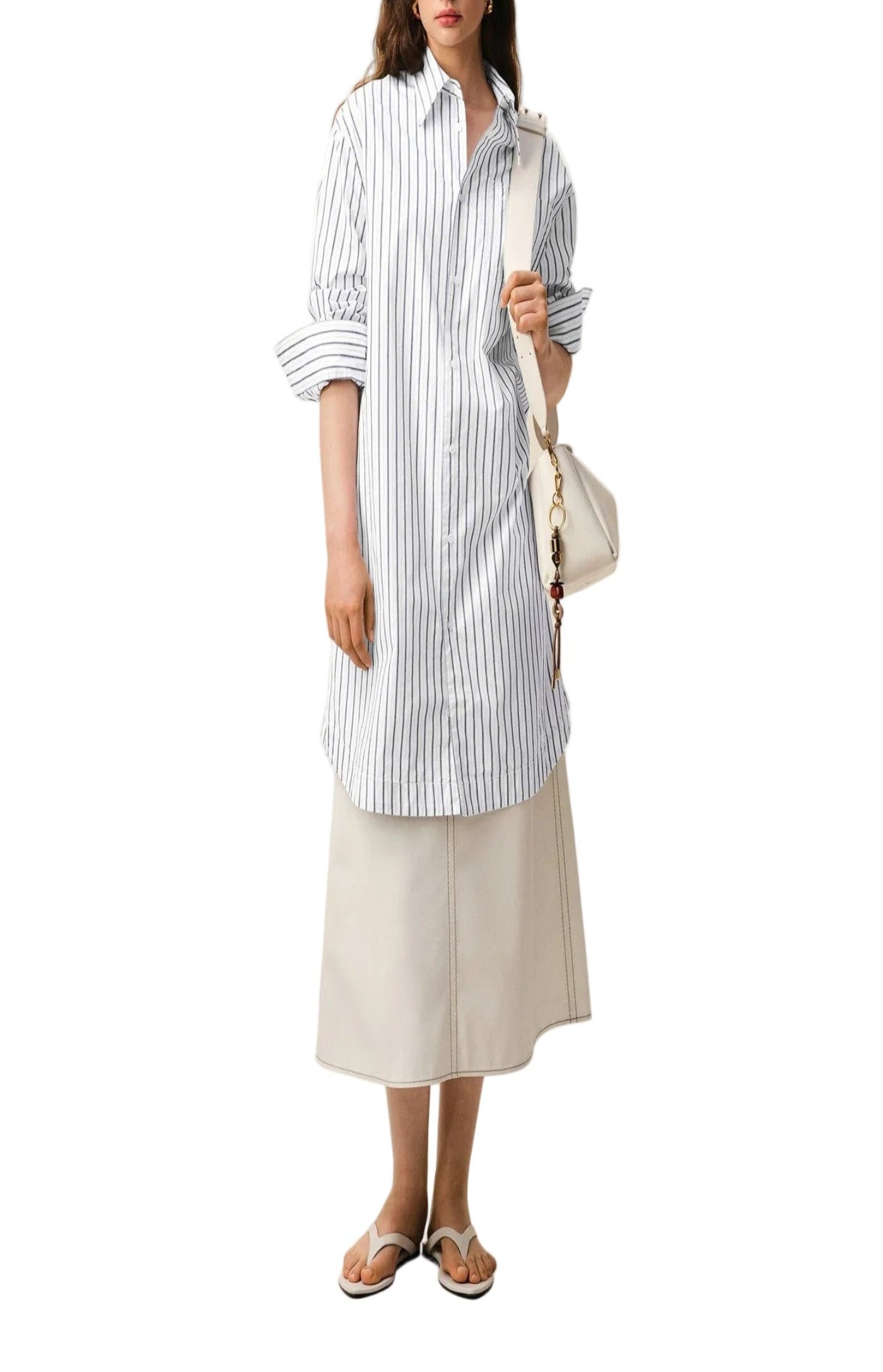 Cargar imagen en el visor de la galería, White Striped Cotton Ami De Coeur Wide Shirt Dress