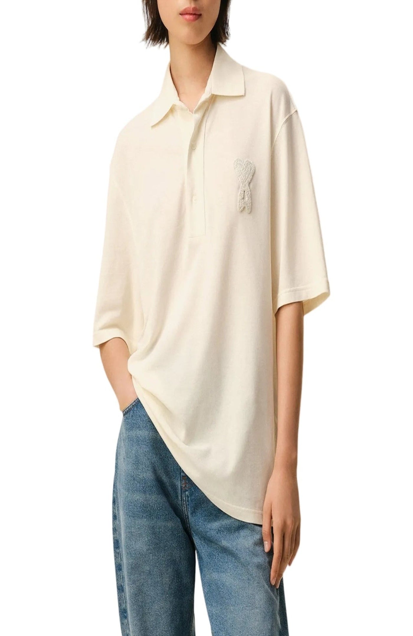 Cargar imagen en el visor de la galería, White Cotton Ami De Coeur Knitted Patch Polo