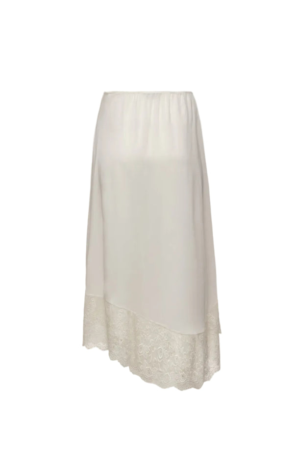 Load image into Gallery viewer, Asymmetric lace-hem midi skirt in cream