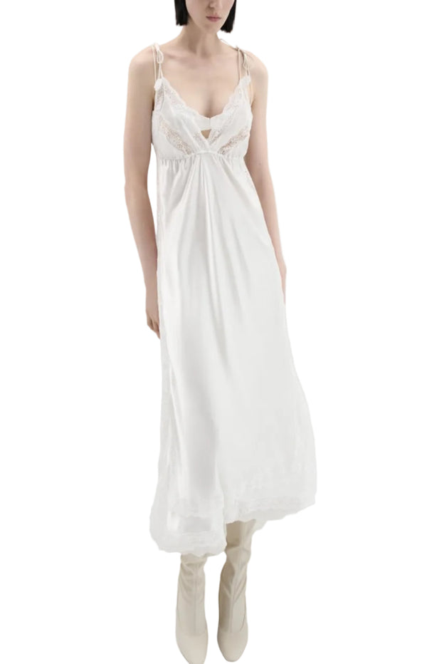 Load image into Gallery viewer, Silk slip dress with lace trim in ivory