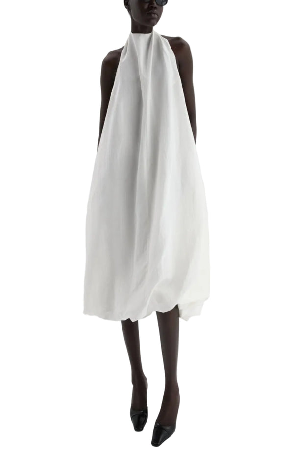 Load image into Gallery viewer, Open-back halterneck balloon dress in white